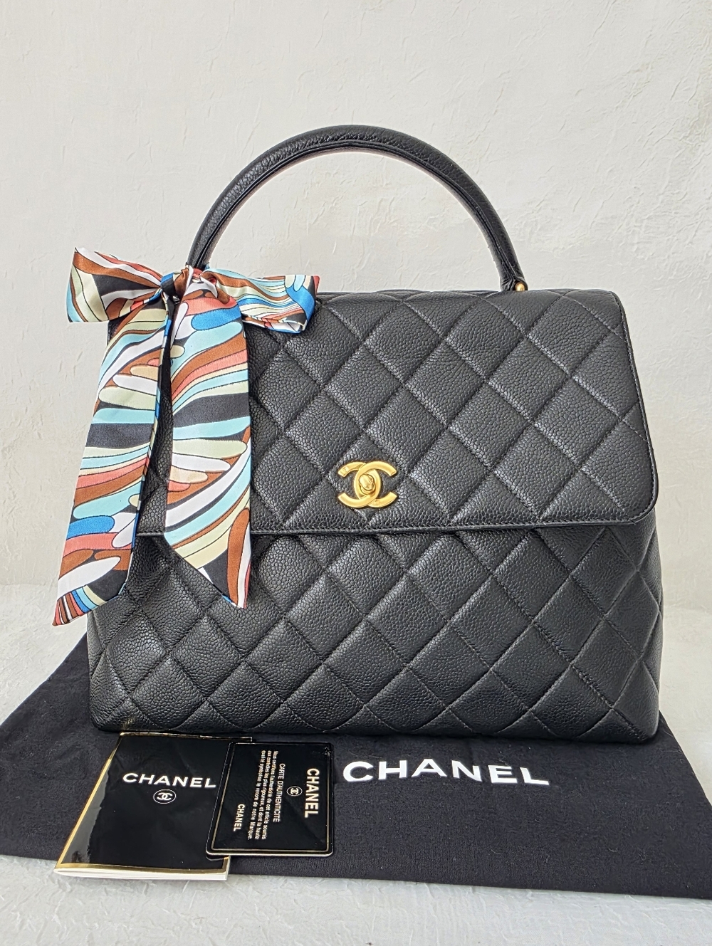 Auth CHANEL Caviar Kelly Quilted Jumbo Flap Top-Handle Bag